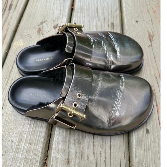 VENUS METALLIC SHEARLING SLIP ON MULES Sz 40, Us 9. SILVER GOLD BUCKLE - Picture 6 of 16